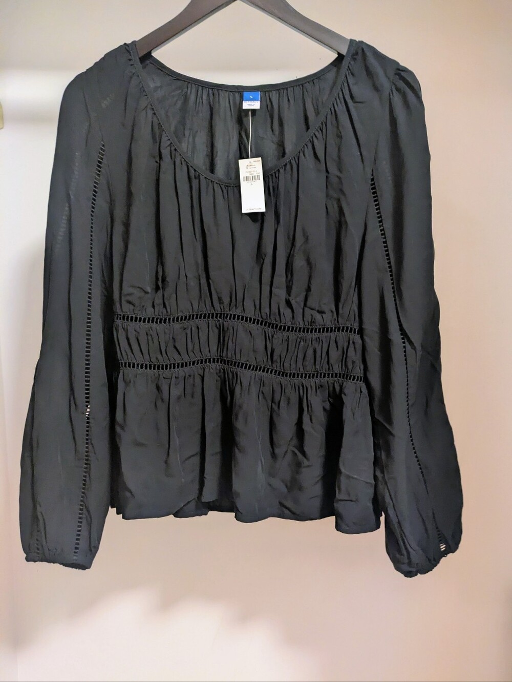 NWT Old Navy black long-sleeve smocked waist peplum blouse top size Large